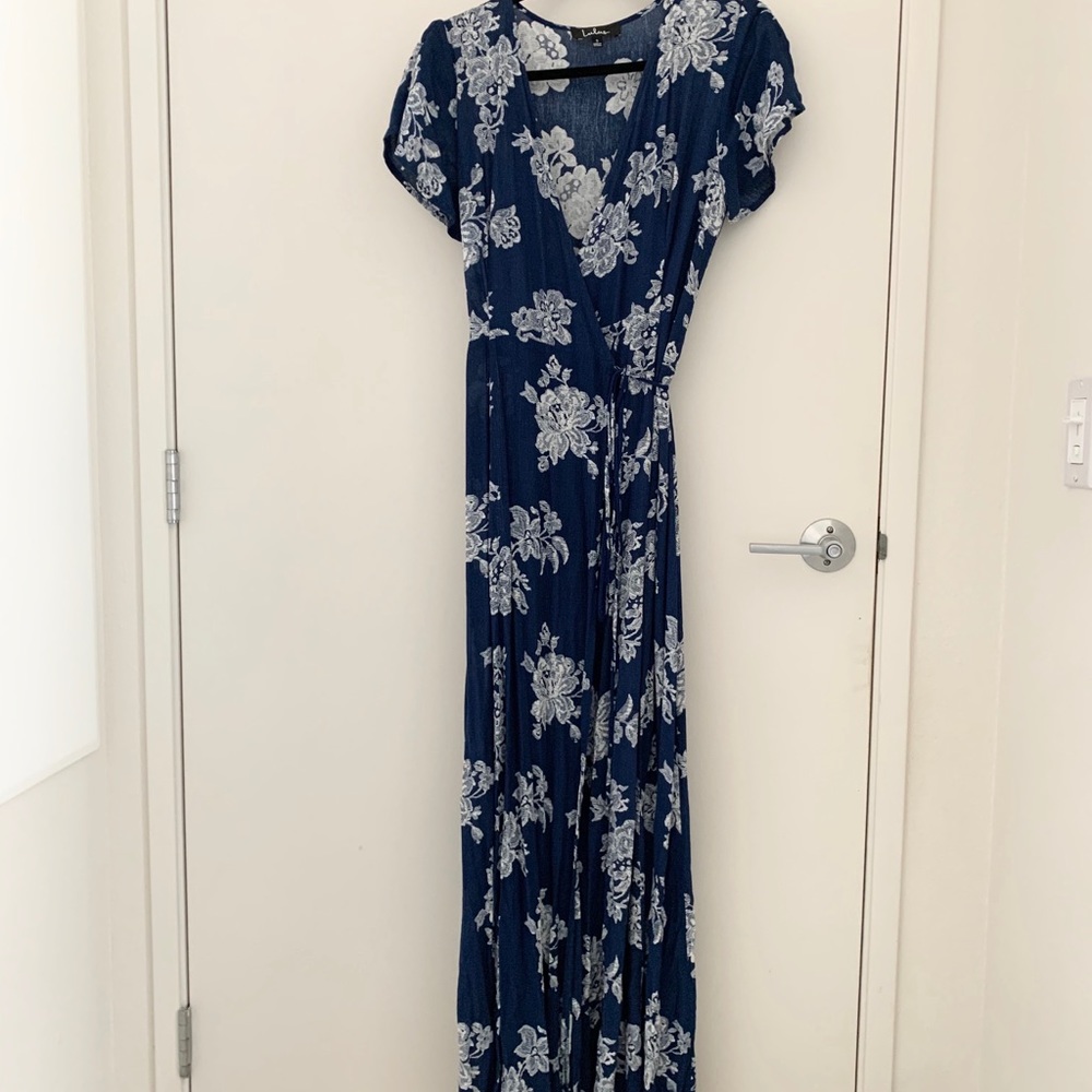 Lulu’s Marigold Navy Print Wrap Dress - Picture 2 of 5